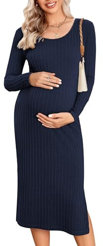 Ekouaer Salopette Premaman Donna Elegante Elastico Abito Gravidanza Lungo Split Casuale Vestiti Premaman Eleganti, Blu Scuro, XL