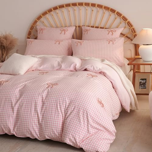 Sedefen Bettwäsche 220x240cm Rosa Weiß Kariert Bettbezug Schleifen Getuftet Bettwäsche Set Romantisch Gewaschene Mikrofaser ÖKO-TEX Wendebettwäsche Set mit Reißverschluss und 2 Kissenbezug 80x80cm