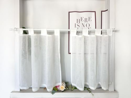 Daliena Scheibengardinen 2er Set Küchengardine Leinenoptik BxH60x45cm Weiß | Modern Kurzstore Gardinen Kurz Fenster, Halbtransparente Bistrogardine mit Schlaufen, Einfarbig Gardine für Wohnzimmer