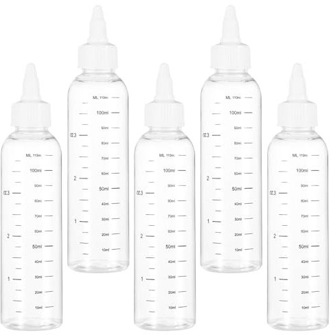 Yudobliss Flacon à Presser, 5 Pièces 110ml Flacon à Presser en Plastique Transparent avec Échelle Graduée, Flacon Rechargeable avec Embout Pivotant, pour Émulsions, Peinture, Blanc