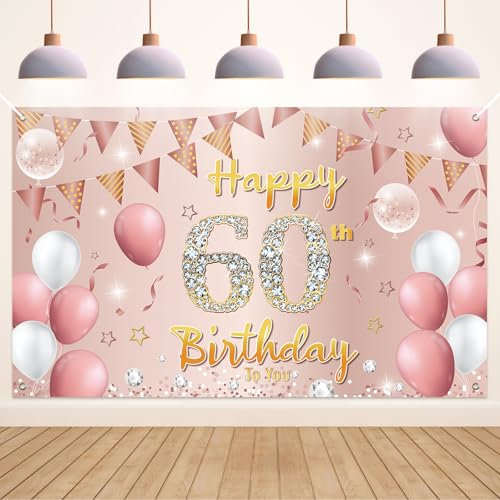Koliphy 60. Geburtstag Deko, 60. Happy Birthday Banner für Mann Frau, Rose Gold Stoff 60 Geburtstagsbanner Hintergrund Party Dekoration Drinnen und Draußen