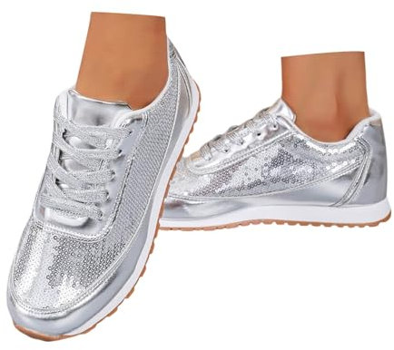 Bastwahl Turnschuhe Damen Weiss Mit Glitzer - Sneaker Atmungsaktiv Glitzer Turnschuhe Schuhe Schnürsenkel Walkingschuhe Outdoor Sportschuhe Laufschuhe Sneakers Pailletten Flache Low