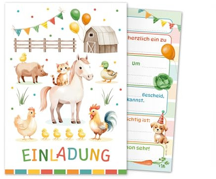 Junaversum 12 Einladungskarten zum Kindergeburtstag Bauernhof Kinder Jungen Mädchen coole bunte Einladungen Geburtstag Geburtstagseinladungen Kids