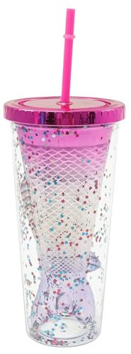 Tumbler with Lid and Straw, 350ML Cold Cups Double Walled Plastic Cup Glitter Water Bottles for Girls, Reusable Drinking Cup Travel Mug for Smoothies Milkshake Drink Iced Coffee or Hot Drinks(Style B)