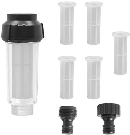Fleymu, filtro dell'acqua da giardino, filtro dell'acqua per camper, 3/4 pollici, prefiltro dell'acqua con 5 inserti filtranti + 2 adattatori rapidi per idropulitrici, irrigazione da giardino, camper