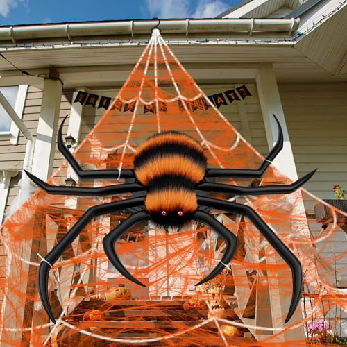 Halloween Decorations Spider Web, 50'' Giant Spider + 200'' Triangular Giant Spider Web and 20G Spider Web, Halloween Spider for Indoor Outdoor Scary Haunted House Spider Web Party Halloween Yard