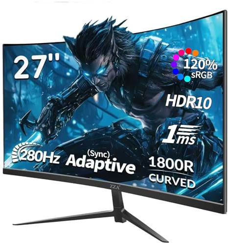 ZZA Monitor para juegos de 27 pulgadas, 280 Hz, 240 Hz, 1080p, 1 ms, VRB, máquina de cambio de luz azul, curvada, 100% sRGB, adaptativa, FreeSync, puerto de visualización DP HDMI VESA compatible con