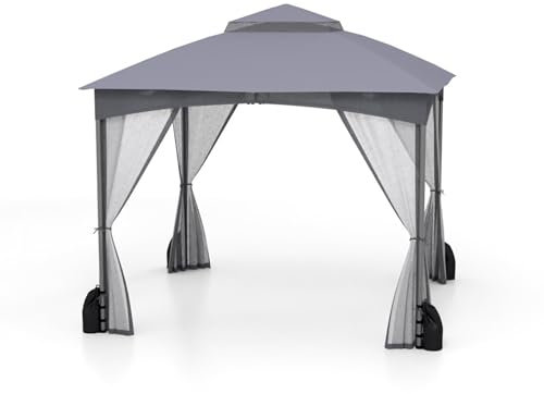 RELAX4LIFE Pergola da 3 x 3 m, con Zanzariera, Padiglione Idrorepellente con Doppio Tetto, Gazebo da Giardino con Telaio in Metallo, 8 Picchetti per il Terreno, 4 Sacchi di Sabbia (GRIGIO)