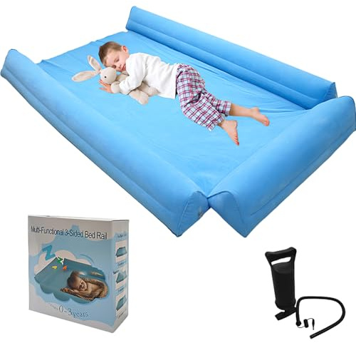 Kensbro Aufblasbarer Rausfallschutz, Faltbar Rausfallschutz Bett Reise, 3-Seiten-Schutz Bettschutzgitter für Kinderbett mit Luftpumpe, Bettkantenschutz und Absturzsicherung, 24 Monate Bis 6 Jahre