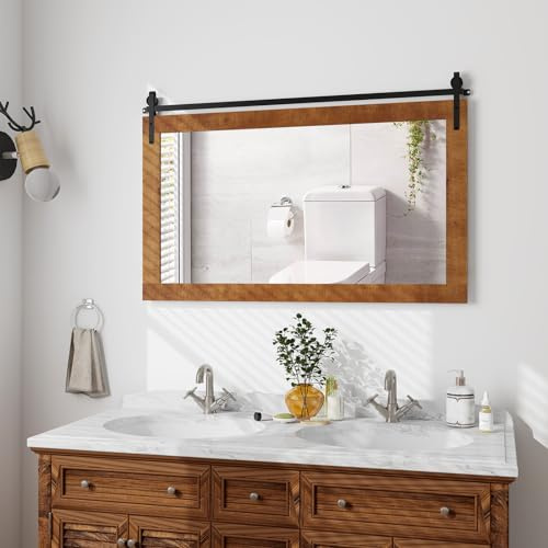 RELAX4LIFE Rechteckiger Wandspiegel 100 x 66 cm, Rustikale Spiegel mit Holzrahmen, Dekorativer Badspiegel mit Metallhalterung, Wall Mirror für Badezimmer, Schlafzimmer & Wohnzimmer (Hellbraun)