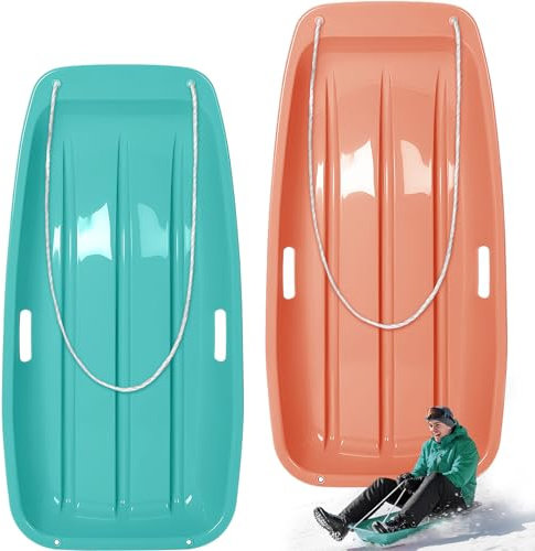 Poen 2 Stück Kunststoff-Schneeschlitten 88,9 cm Downhill Sprinter Winter Rodelbrett mit Zugseil und Griffen, Schneeschlitten für Kinder Erwachsene Downhill Schlitten Sandbrett Schlitten (Blaugrün und