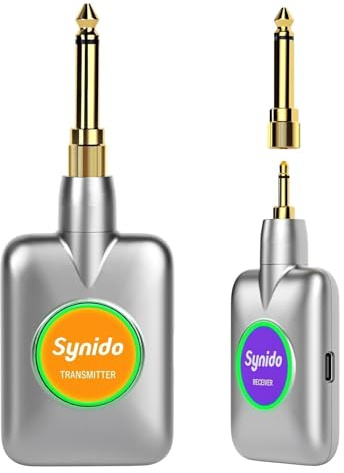 Synido 5,8 GHz kabelloser wiederaufladbarer Audio-Sender und -Empfänger, 5 ms niedrige Latenz, 30 m stabile Reichweite, für Gitarre/Bass/Klavier/E-Drum/Lautsprecher/Audio-Schnittstelle