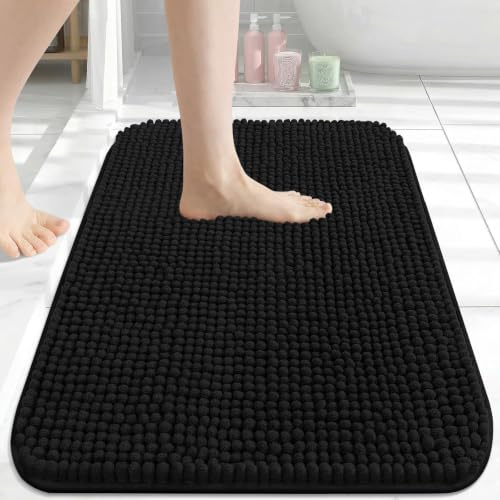 Homaxy Saugfähiger Dicker Chenille Badteppich 41×61 cm, Schwarz | Weich, Bequem, Rutschfest, TPR-Rückseite, Maschinenwaschbar, Badezimmerteppich, Badematte, Duschvorleger für Badezimmer