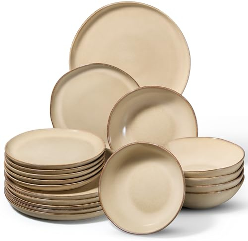 Onader 18 Piece Reactive Glaze Dinner Set for 6 People, Khaki | Porcelain Dinner Sets, Irregular Round Stoneware Dinnerware Service for 6, Plates and Bowls, Dishwasher & Microwave Safe
