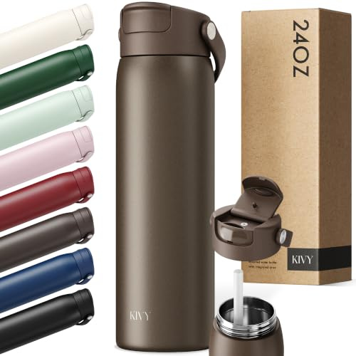 KIVY Borraccia in acciaio inox con cannuccia 700ml - 24h freddo | 12h caldo - A prova di perdite e lavabile in lavastoviglie - Borraccia isolata per sport - Bottiglia termica - Borraccia in acciaio