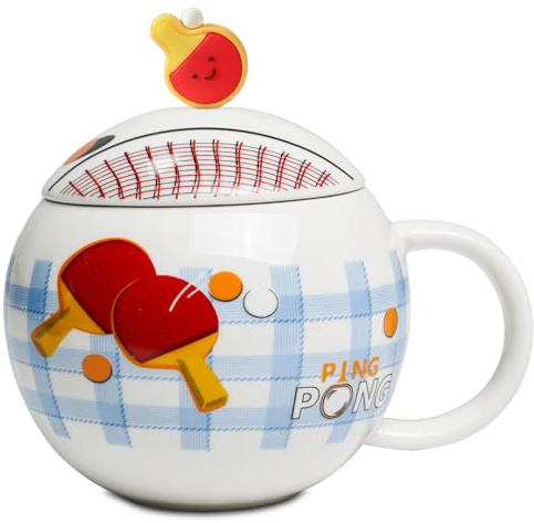 ZONSUSE Lustige Tischtennis Kaffeetasse, Pingpong Keramik Becher, Ballform Cappuccino Tassen mit Deckel, Geschenke für Männer Frauen Geburtstag Feiertag Weihnachten 420ml (Pingpong)