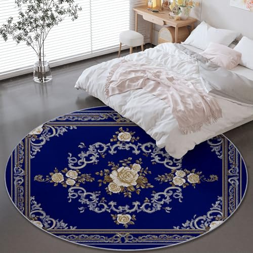 Générique Tapis Rond 100 cm Exquis Rétro Ancien Rose, Flanelle Tapis Rond Lavable en Machine Antidérapant pour Salon - Bleu Foncé imprimé pour Salle à Manger Chambre d’Enfant Nurserie