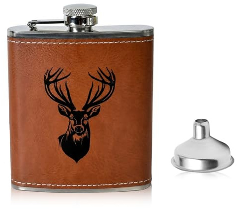 Zimoer Flasque en Acier Inoxydable, Portable Cuir Flasques avec Entonnoir, Flasque de Poche Portable, Flasques de Whisky pour Randonnée, Voyage, Pêche, Camping et Escalade, 7oz/210ml, Marron
