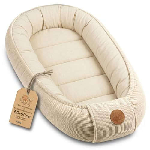 Babynest Nestchen Baby aus Cordstoff - Babynestchen Neugeborene Nest für Kinder Bett und Babybett tragbar Kuschelnest Coccon für Jungen und Mädchen Beige Cordstoff