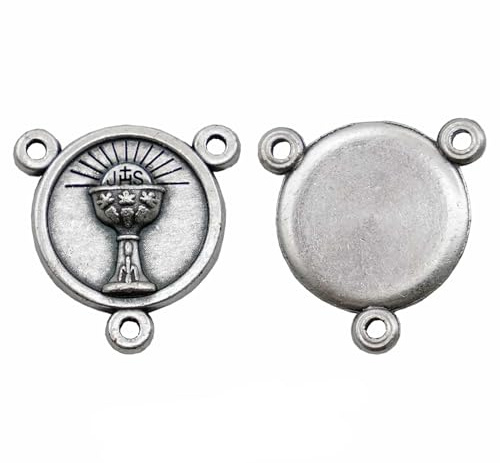 Centrotavola per rosario con calice JHS, smaltato, rotondo, 1,4 cm, connettore religioso per la prima comunione per la creazione di gioielli, 0.551, Lega di acciaio, Non pietra preziosa