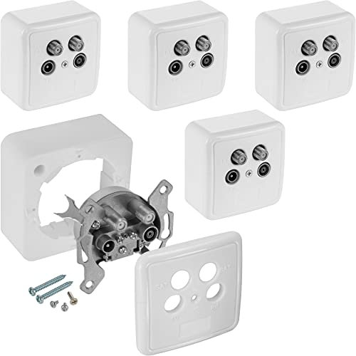 Poppstar 5X 4-Port Universal Satellite Terminal Wall Plate/SAT Wall Socket (1x CATV (Cable TV), 2X SAT, 1x Radio), Surface-/Flush-Mounted, White