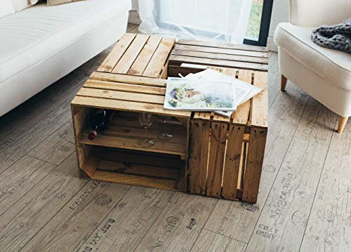 teramico Lot de 4 caisses massives et stables en bois vintage usagé - 50 x 40 x 30 cm - Idéal comme étagère pour le vin, les chaussures, les livres et comme table basse (2 tablettes longitudinales)