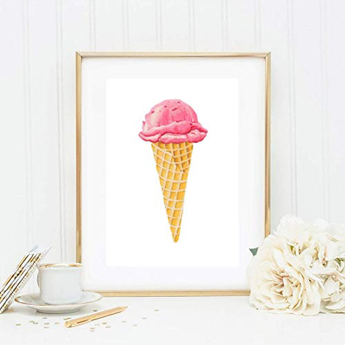 Din A4 Kunstdruck ungerahmt - Eis Eistüte Waffel Eiskugel Pink Rosa Küche Esszimmer Aquarell Geschenk Druck Poster Bild
