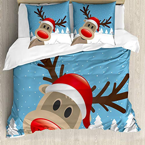 ABAKUHAUS Weihnachten Bettbezugs Set Für Doppelbetten, Rentier Rudolph Hut, Milbensicher Allergiker geeignet mit Kissenbezügen, Blassblau Rot Hellbraun