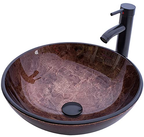 YIMAI Ingenuity Bathroom Vessel Sink 16.5 Vessel Sinks Tempered Glass Brown Art Basin Round Bowl with Faucet Combo Brown,Countertop Bowl Sink for Lavatory Vanity Cabinet