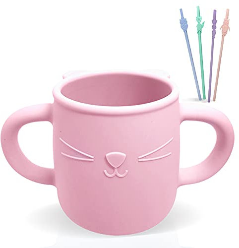 brunoko Gobelet avec Poignées et Pailles en Silicone - Verre d'Apprentissage pour Bébés avec 4 Pailles Réutilisables - Compatible Lave-Vaisselle/Micro-ondes - Paille Souple pour Boire Facilement