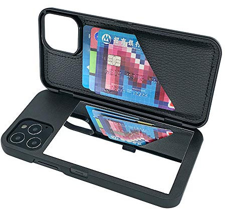 W7ETBEN iPhone 12 Pro Max Case with Kickstand, Hidden Mirror, 3 Card Slot, Black