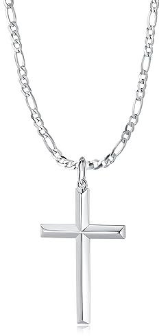 FANCIME Herren Kette aus 925 Sterling Silber Gelb Gold Vergoldet Poliert Kreuz Anhänger mit Figaro Panzerkette, Hip-Hop Halskette Schmuck Geschenk für Ihn Jungs Kinder - Kettenlänge: 60 cm