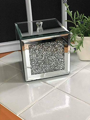 SILVER CRUSHED DIAMANTE MIRRORED GLASS JEWELLERY BOX EYE CATCHING DESIGN BLACK VELVET INLAY TRINKET BOX MIRRORED STORAGE BOX SQUARE SHAPE UK