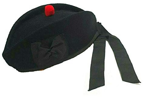 UNEED Scottish Glengarry Hat Scottish Wool Piper Bonnet Black Highland Scots Cap 4 Kilts Army Bagpipe Torrie at top (Black, Medium - 56-57cm)