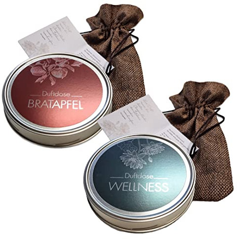 KK Raumduft aus der Dose | Duftgel - Made in Germany | 2 Duftdosen à 70 g | Bratapfel & Wellness | Attraktives Geschenkset | Einzeln im Jutesäckchen verpackt |