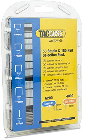 Tacwise 1628 Selección de Grapas Tipo 53 en Varios Tamaños y Clavos Tipo 180 (18G)/10 mm, Galvanizado,Paquete de 6200 Grapas y 4000 Clavos
