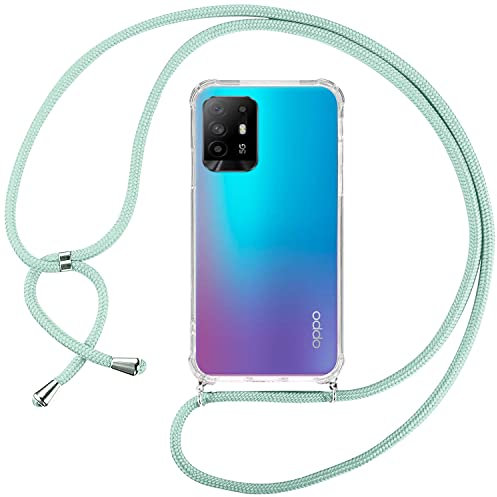ISOI Funda con Cuerda para OPPO A94 5G, Carcasa Transparente TPU Suave Silicona Case con Correa Colgante Ajustable Collar Correa de Cuello Cadena Cordón, Verde