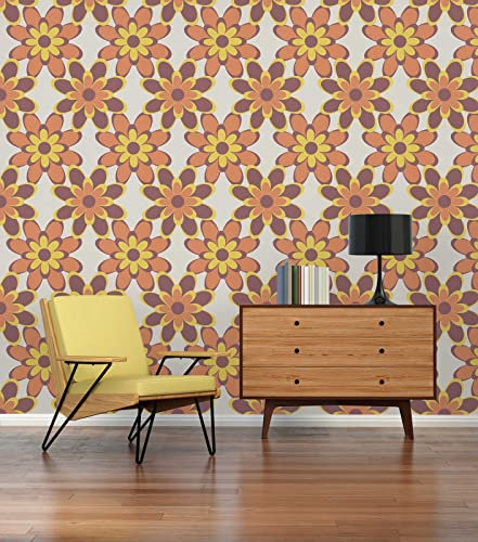 awallo Papier peint intissé vintage - Motif fleurs - Orange jaune rouge - Rétro classique des années 70 - Fabriqué en Allemagne