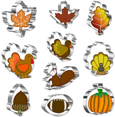 Lot de 10 emporte-pièces de Thanksgiving – Citrouille, football, dinde, feuille d'érable, feuille de chêne, écureuil, gland – Grands emporte-pièces pour fête d'automne (emballage cadeau)