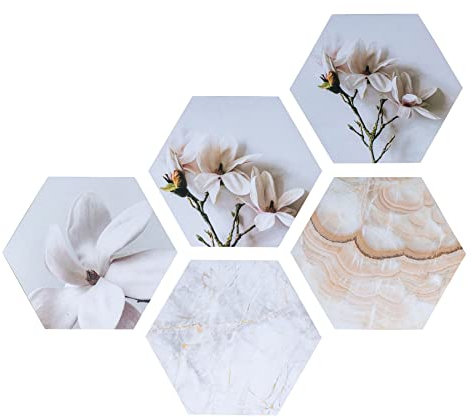 Hexagon Wandaufkleber je 32x28cm Wanddeko Blume Weiß Wandbild Holzbild Deko Wandpaneele Waben Sechseck