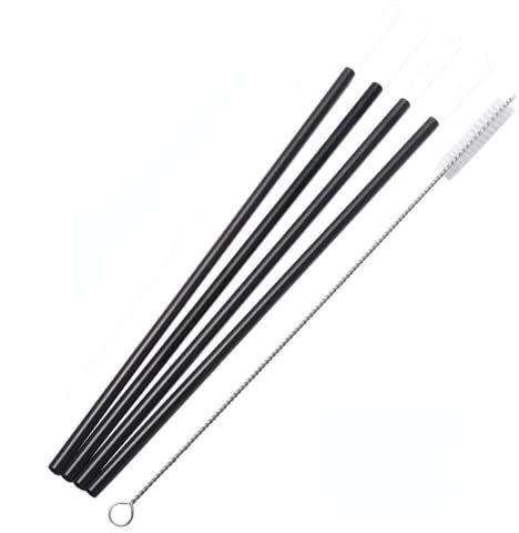 4 Pcs Stainless Steel Metal Drinking Straw Reusable Straws + Cleaner Brush Kit (Black,Straight)