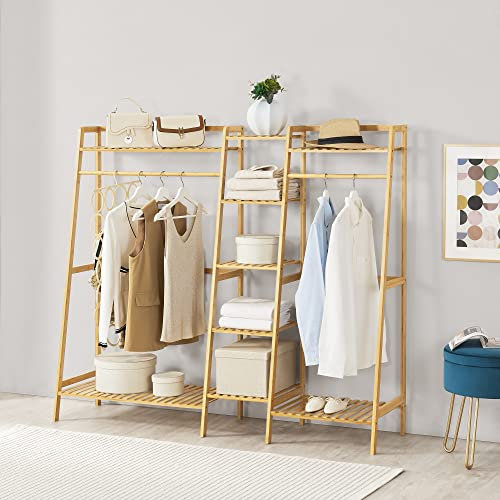 [en.casa] Portant à Vêtements à 2 Barres de Penderie avec Compartiments de Rangement et Étagères Inférieures pour Accessoires Portemanteau Entrée Dressing Chambre Bambou 139 x 158 x 40 cm Naturel