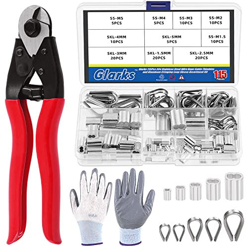 Glarks 117Pcs 8 Heavy Duty Wire Rope Cable Cutter and Aluminum Crimping Loop Sleeves and Wire Rope Thimble Assortment Kit with a Pair of Gloves for Deck Stair Railing Fencing
