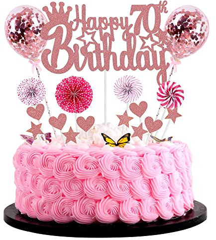 Jrzyhi Happy 70th Birthday Cake Topper - Rose Gold Glitter for 70 Year Old Woman
