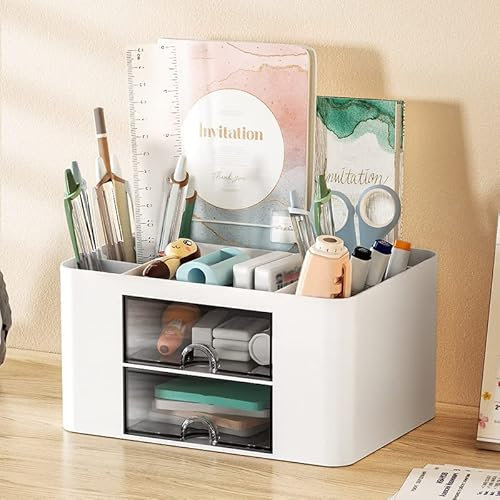 Organiseur de bureau avec tiroir en verre - Grande capacité - Pour bureau - Rangement pour stylos - Blanc