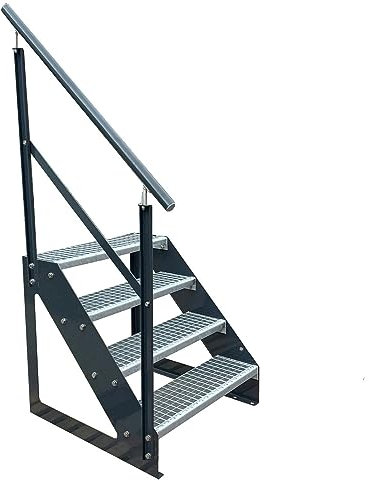 Kaminbau Mierzwa Premium Treppe Anthrazit Freistehend 4 Stufen(Verzinkt)(Verzinkt) Geländer Links (Breite 1000 mm) (Höhe 76cm) Wetterfest Gitterroststufe Gartentreppe