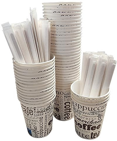 200 Vasos Desechables Café de Papel Cartón de 200 ml, Vasos Resistentes y Elegantes para Bebidas Calientes o Frías, Perfectos para Oficina y Hogar. Incluyen 200 Paletinas