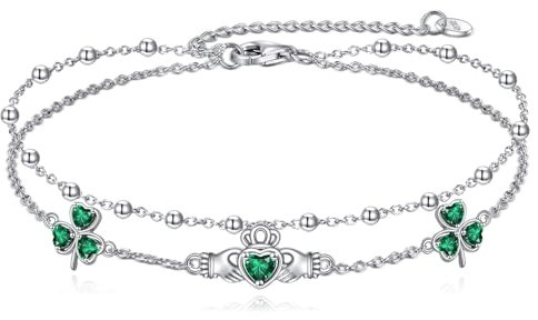 VONALA Claddagh Armband für Frauen 925 Sterling Silber Keltischer Knoten Irisches Kleeblatt Fußkettchen Armband Irischer Schmuck Geschenk für Frauen Teenager Mädchen