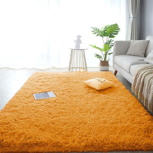 SK Studio Flauschiger Teppich für Wohnzimmer und Schlafzimmer - Shaggy, Waschbar, Weich - Orange, 60x160cm