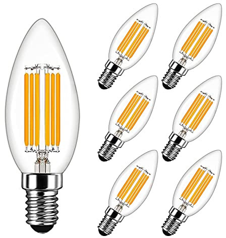 MAYCOLOR E14 Kerze LED Lampe 6W Ersetzt 60W, 600 lumen, Warmweiß 2700K, Filament Fadenlampe Ideal für Kronleuchter und Kristalllichter, AC 220-240V, Nicht Dimmbar, Glas, 6er Pack